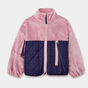 UGG‎ Marlene Colorblock Faux Fur Quilted Jacket Pink Navy Zip Front Women's L
